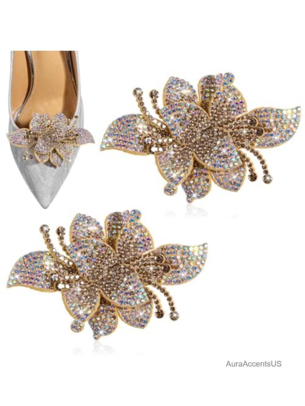 Gold Rhinestone Flower Shoe Clips for High Heels, Detachable Shoe Jewelry